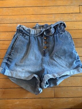 EUC High-Waist Paperbag Denim Shorts - Light Blue